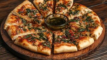 A pizza with basil and cheese on a wooden board photo