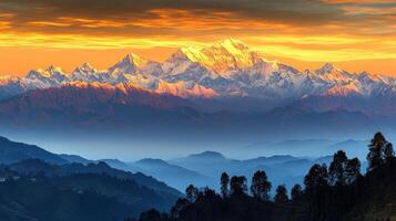 The mountains are seen in the sunset photo