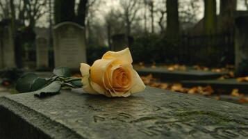 A single yellow rose sits on top of a tombstone photo