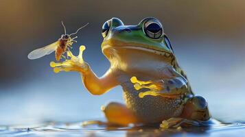 A frog is holding a fly in its mouth photo