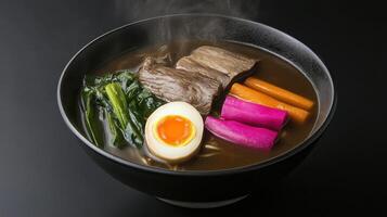 A bowl of ramen with meat, vegetables and an egg photo
