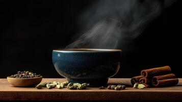 A cup of tea with spices and cinnamon on a wooden table photo