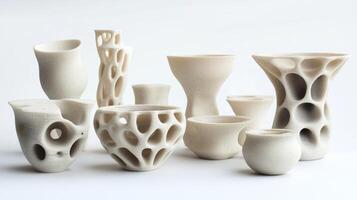 A group of white vases with holes in them photo