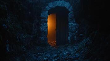 A dark tunnel with a door at the end photo