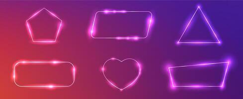 Set of six neon frames in different geometric forms with shining effects and sparkles on dark purple background. Empty glowing techno backdrop. illustration vector