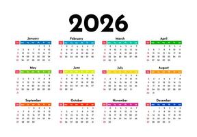 Calendar for 2026 isolated on background. Sunday to Monday, business template. vector