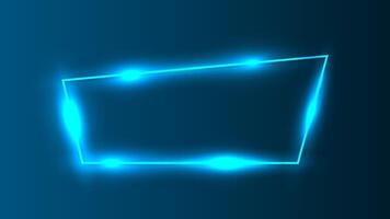 Neon trapezoid frame with shining effects on dark blue background. Empty glowing techno backdrop. illustration vector