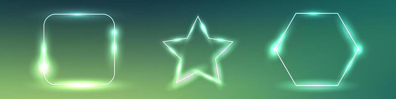 Set of three neon frames with shining effects on dark green background. Empty glowing techno backdrop. illustration vector