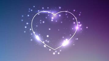 Neon frame in heart form with shining effects and sparkles on blue background. Empty glowing techno backdrop. illustration vector