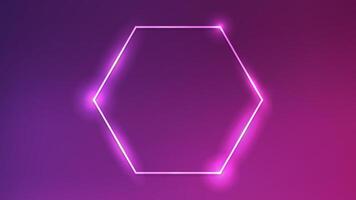 Neon hexagon frame with shining effects on dark purple background. Empty glowing techno backdrop. illustration vector