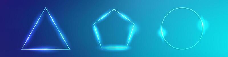Set of three neon frames with shining effects on blue background. Empty glowing techno backdrop. illustration vector