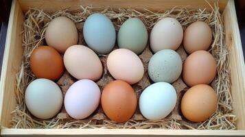 A box of eggs in a wooden box photo
