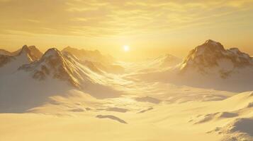 A snowy mountain landscape with the sun rising over it photo