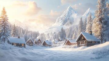 Winter village in the mountains with snow photo