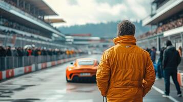 A man in an orange jacket is looking at a race car photo