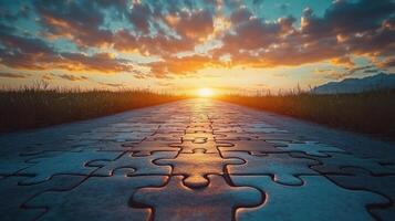 A road with puzzle pieces on it at sunset photo