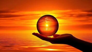 A person holding a glass orb with the sun in the background photo