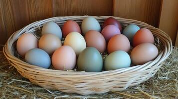 A basket of eggs in a straw bed photo