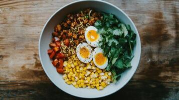A bowl of food with corn, beans, and an egg photo