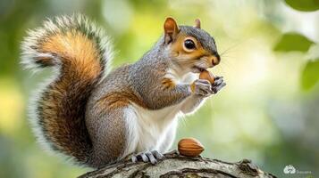 A squirrel eating an acorn on a tree branch photo