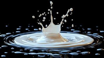 A splash of milk is shown on a black background photo