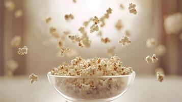 A bowl of popcorn is being thrown into the air photo