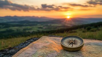 A compass on a map at sunset photo