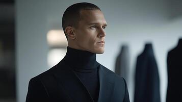 A man in a black suit and turtle neck photo