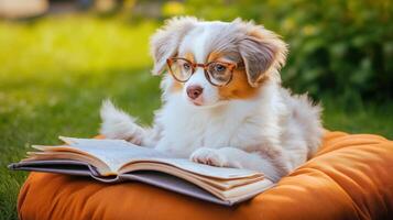 Australian shepherd puppy wearing glasses reading a book photo
