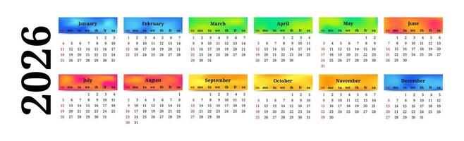 calendar for 2026 isolated on background. Sunday to Monday, business template. illustration vector