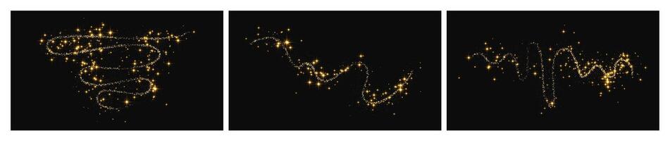 Gold glittering confetti wave and stardust. Set of three golden magical sparkles on dark background. illustration vector