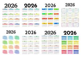 Set of eight vertical calendars for 2026 isolated on a white background. Sunday to Monday, business template. illustration vector
