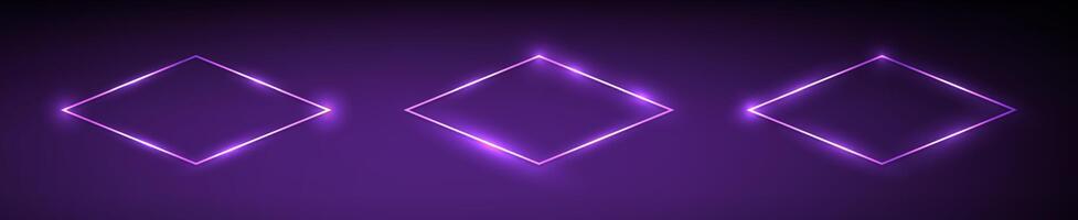 Set of three neon rhombus frames with shining effects on dark purple background. Empty glowing techno backdrop. illustration vector