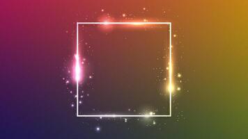 Neon square frame with shining effects and sparkles on dark background. Empty glowing techno backdrop. illustration vector