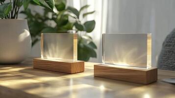 Two glass lamps on a wooden table photo