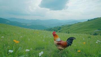 A rooster stands in a field of flowers photo