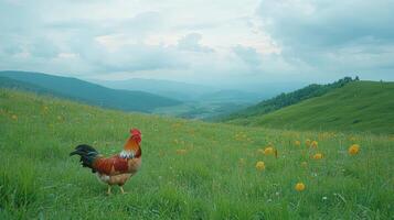 A rooster standing in a field of flowers photo
