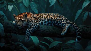 A leopard is sleeping on a tree branch photo