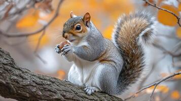 A squirrel is sitting on a tree branch with an acorn in its mouth photo