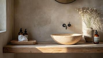 A bathroom with a stone sink and wooden counter photo