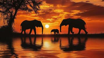 A family of elephants walking across a field at sunset photo
