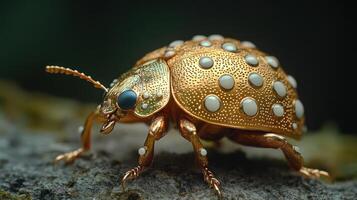 A gold beetle with white spots on its back photo