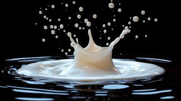 A splash of milk is seen on a black background photo