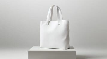 A white tote bag on a white table photo