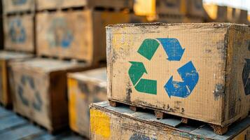 A stack of cardboard boxes with a recycling symbol on them photo