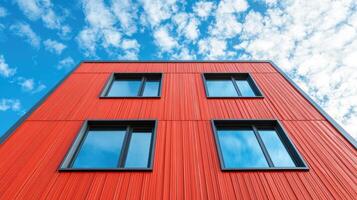 Red building with windows against a blue sky photo