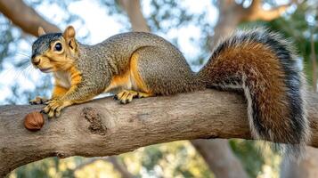 A squirrel is sitting on a tree branch photo