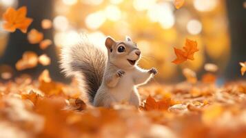 A squirrel is standing in the leaves with its arms outstretched photo