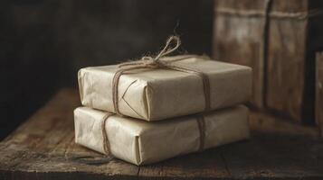 Two wrapped packages on a wooden table photo