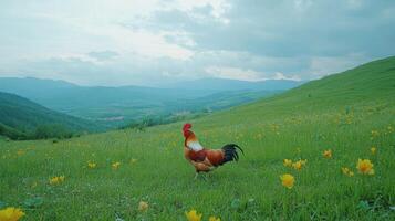 A rooster walking in a field of yellow flowers photo